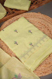 A Freakin Lotus Pista Green Jamdani Muga Silk Unstitched Suit Set